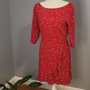 Gap Red Floral Faux Wrap Rayon Pullover Elastic Waist Dress - Size SP